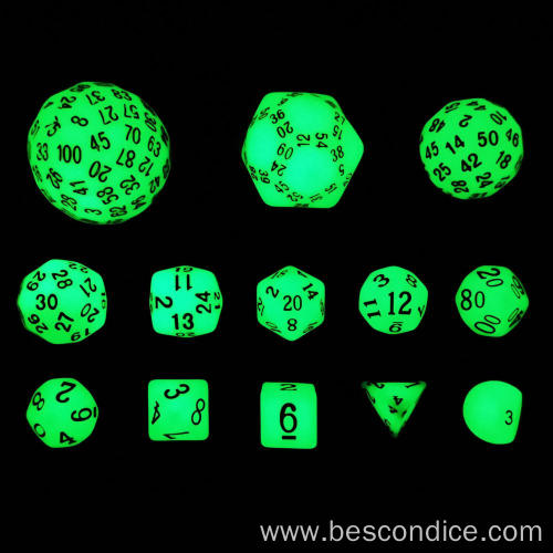 Bescon Super Glowing in Dark Complete Polyhedral RPG Dice Set 13pcs D3-D100, Role Playing Dice Set Amber and Luminous